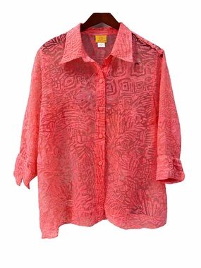 Ruby Rd Sheer Pink Button Down Blouse Size 18 Lightweight Printed Top